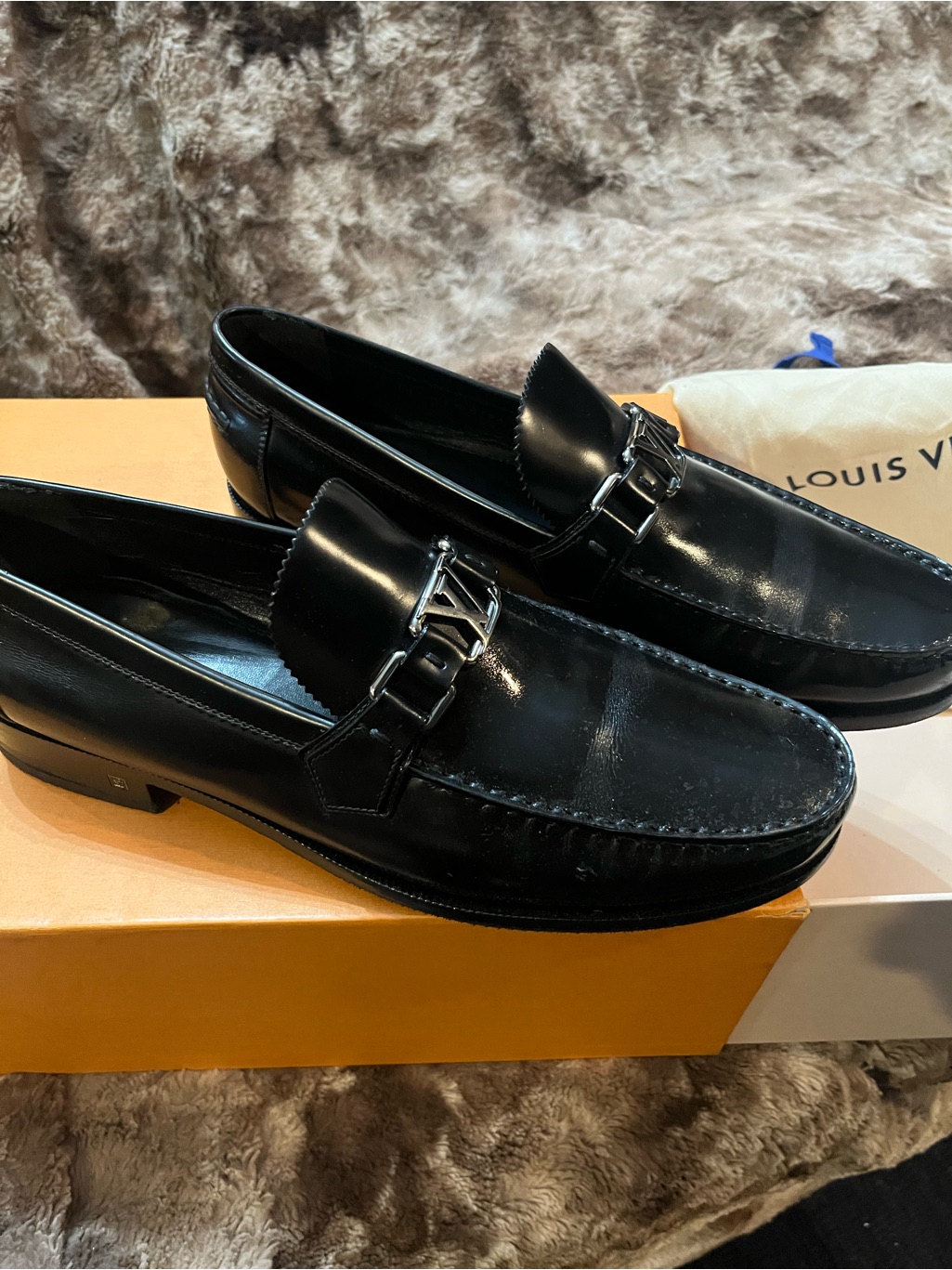 Louis Vuitton Black Leather Loafers With Silver Lv Chain (Make It Best Offer)